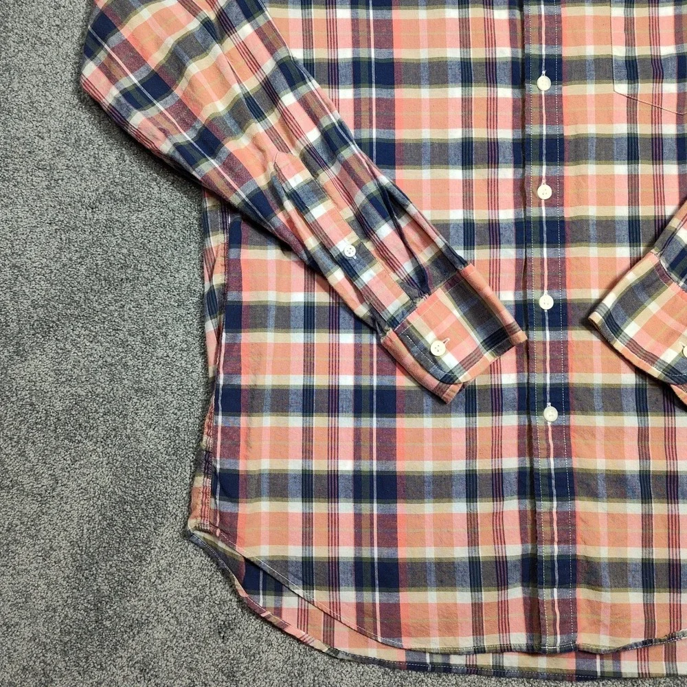 J Crew Mens Summer Plaid Button Down Long Sleeve Shirt Size M Peach Navy Cotton